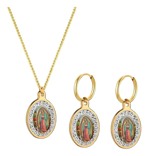 Set Collar + Aretes  Virgen Guadalupe Enchape De Oro 18 K  