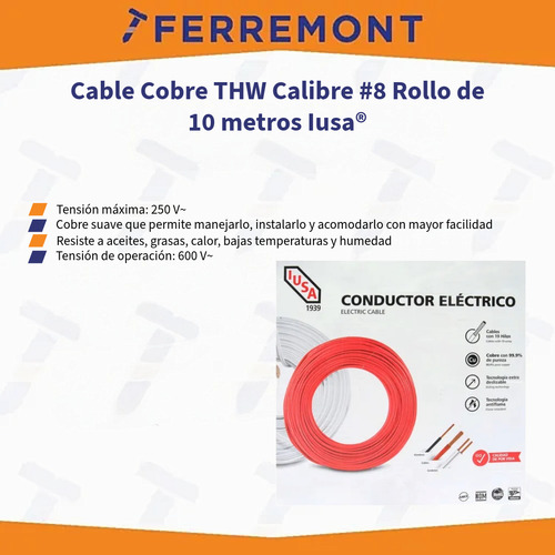 Cable Cobre Thw Calibre #8 Rollo 10 M Iusa Blanco