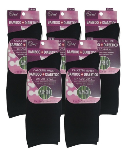 5 Pares Calcetin Mujer Bambu Diabetico Sin Costuras (negros)