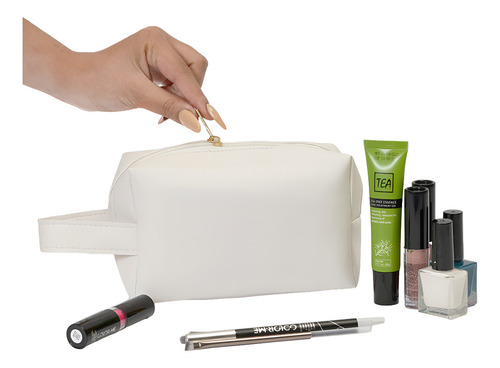 Neceser Cosmetiquera Para Maquillaje Amplia Y Elegante Asa Color Blanco Diseño de la tela Lisa