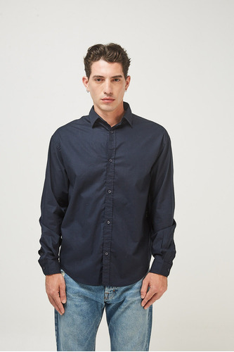 Camisa Bowen Hombre Básica Algodón Lisa Azul