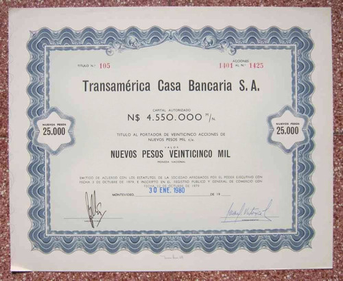 Titulo Accion De Transamerica Casa Bancaria De $25.000.-