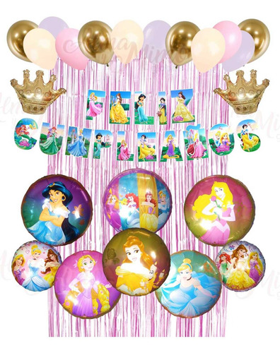 Globos Princesas Disney+coronas+ Banderín+ Látex+cortina