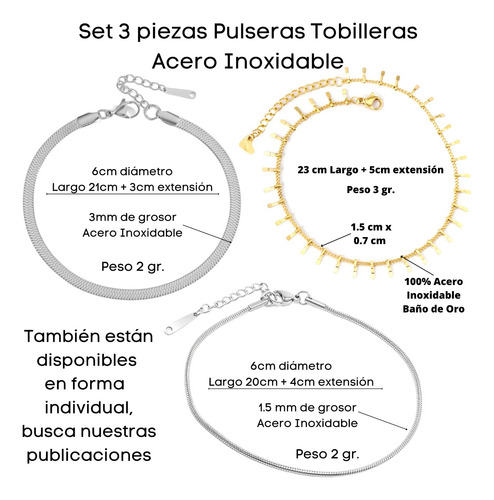 Imagen 3 de 10 de Set 3 Pulseras Tobillera Plata Mujer Panza Vibora Acero Oro