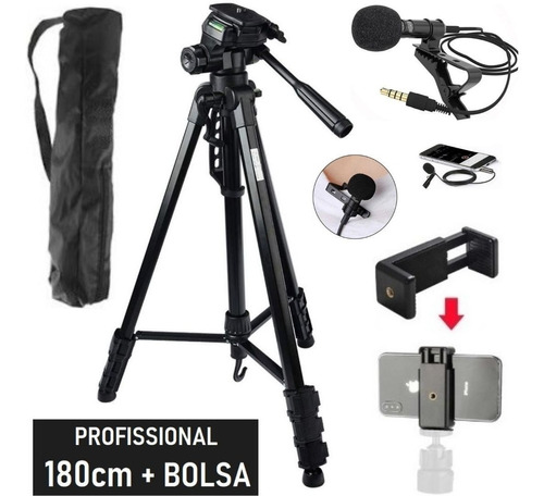 Kit Tripé Profissional 1,80m + Microfone De Lapela Celular