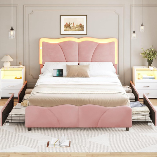 Base De Cama Msmask Matrimonial C/4 Cajones Y Luz Led Rosa