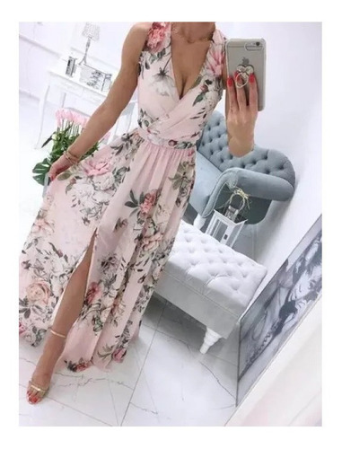 Maxivestido Con Estampado Floral Y Cuello En V Con Cinturón