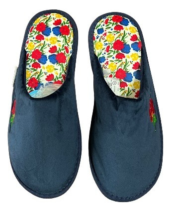 Pantufla Para Dama Azul Marino Y Flores