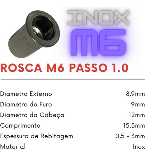 Kit 150un Rebite Rosca Aba Plana Inox M6 Porca Rebite Repuxo