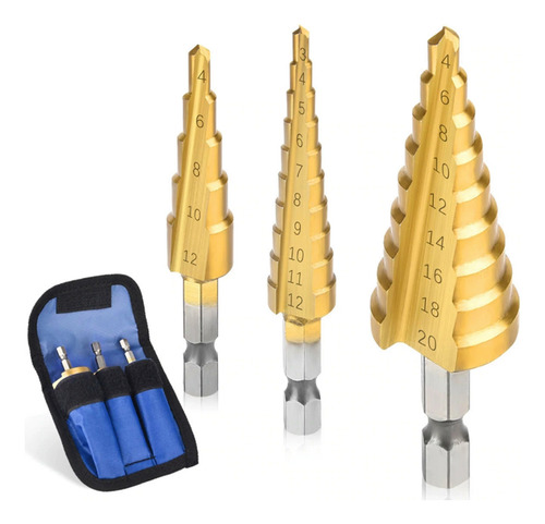 Conjunto De 3 Brocas Cônicas De Titânio Hss 3-12 4-12 -20mm