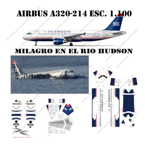 Airbus A320 214 Milagro Rio Hudson Papercraft Esc. 1.100