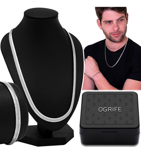 Conjunto Masculino Cordao Lacraia Prata 5mm Cj-164 Aço Inox