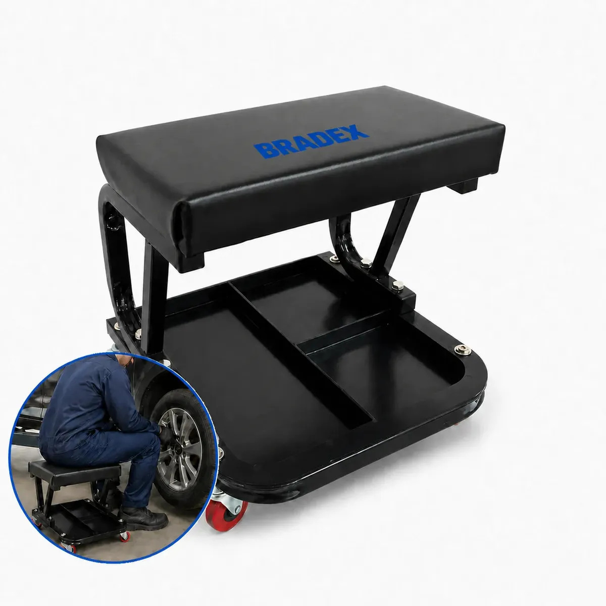 Banqueta Fixa Com Assento Para Mecânico 140kg Com Rodízio Porta Ferramentas Bradex