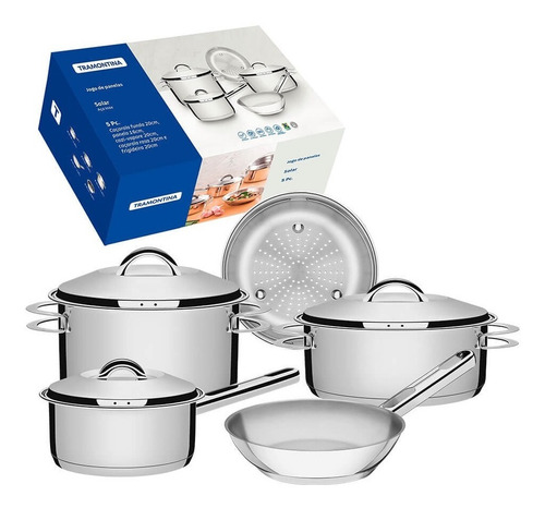 Jogo De Panelas Solar Tramontina Aço Inox 5 Pç C/ Frigideira