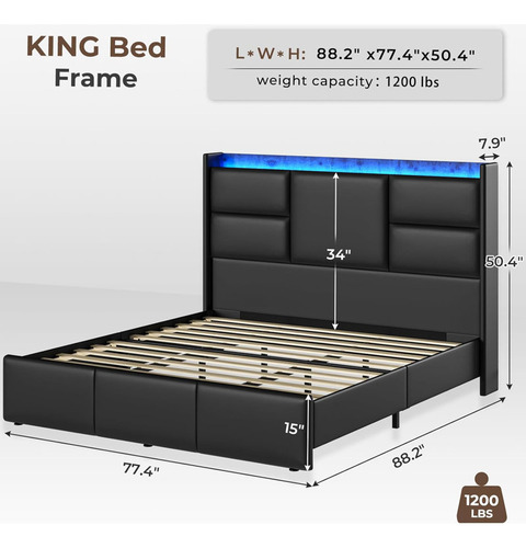 Base De Cama Con Cabecera Con Almacenamiento Negra King