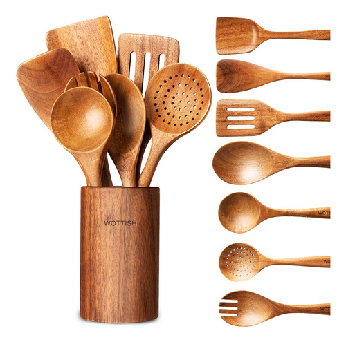Juego De Cucharas Y Utensilios De Madera Natural