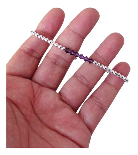 Pulsera Ajustable De Plata 925 Pelotitas Cristales Violeta O