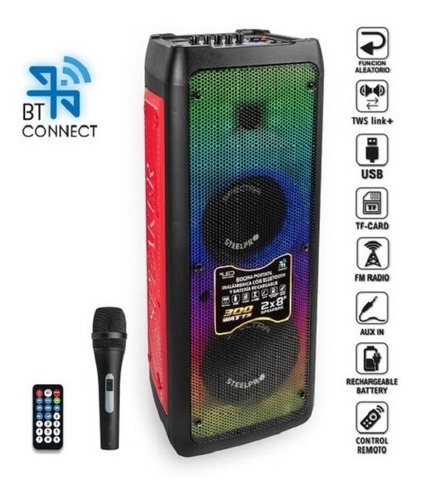 Imagen 2 de 2 de Bocina Portátil Bluetooth Amplificada 300w Luz Led Steelpro