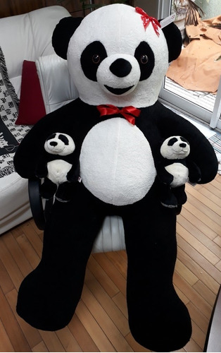 Urso Ursa Mamãe Panda Pelúcia Gigante 1,20 Mt Com 2 Filhotes