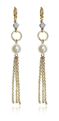 Aretes Oro 24k Lam Perlas Largos Colgantes Elegante Mujer