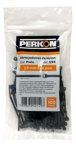 Abracadeira Nylon Perkon Preta 2,5x 60 100 Pecas  1269