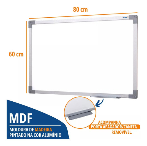 Lousa Quadro Branco 60x80 Cm Moldura Soft Alumínio Com Caneta Marcador E Apagador