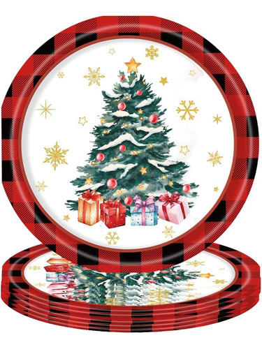 Platos Desechables A Cuadros De Navidad, 18 Cm, 25 Unidades