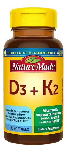 Nature Made Vitamina D3 + K2 30 Softgels Sabor Sin sabor
