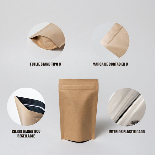 Imagen 6 de 6 de 50 Bolsa Stand Up Pouch Con Cierre Papel Kraft De 500 Grs