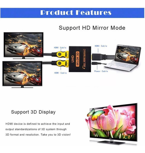 Splitter Multiplicador Amplificador 1x2 Hdmi Video 4k 2k 3d