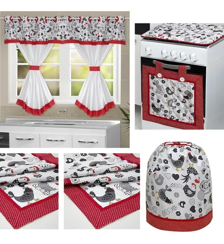 Kit de Cozinha 9 Pçs Galinha Filó Vermelho(toalha 6 Lug. Kit P