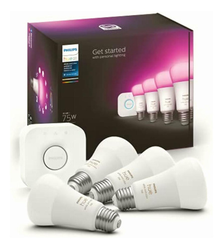 Philips Hue Pack De 4 Focos A19 10.5w + Hue Bridge, Blanco