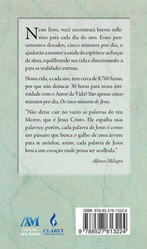 Os cinco minutos de Jesus, de Milagro, Alfonso. Editorial Editora Ave-Maria, capa mole em português, 2016