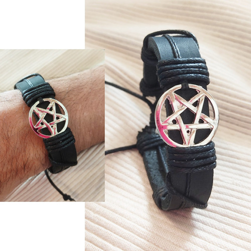 Pulsera Cuero Vaca Dije Estrella Pentagrama Tetragramaton