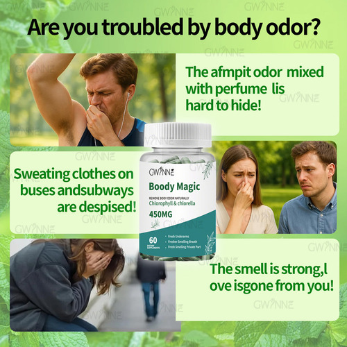 Gwynne Boody Magic Tabletas De Clorofila Natural Para El Olor Corporal Femenino Contiene 450 Mg De Clorofila Y Chlorella, Suplemento Desodorante Corporal Para Hombres Y Mujeres,60 Cápsulas