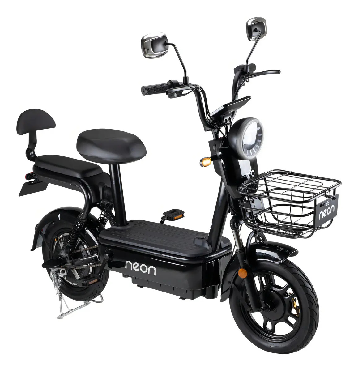 Bicicleta Eléctrica Motobici Rodada 14 Neon Motor 350W hasta 33 km/h, con Pantalla LCD, Canastilla, Luz Frontal, Intermitentes y Alarma Color Negro