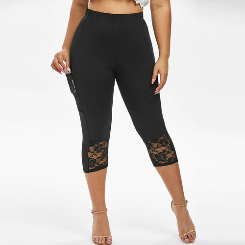 Legging Capris Con Dobladillo De Encaje De Guipur De Talla G