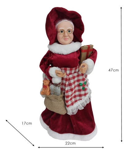 Mamãe Noel 45cm Vermelha Com Saia Xadrez E Saco Presente