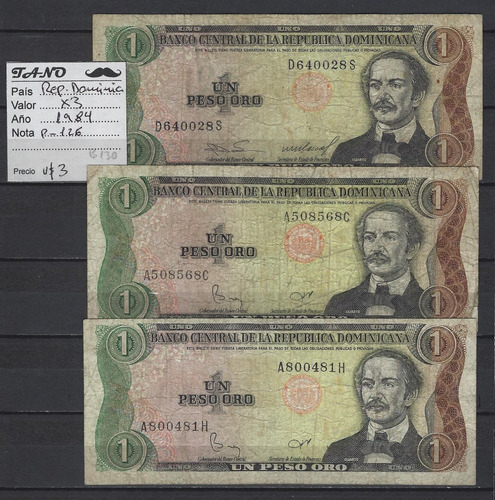 B130 Lote De 3 Billetes De Republica Dominicana 1984 P-126 