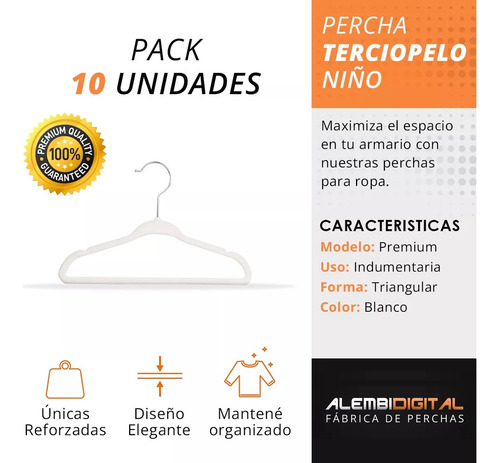 Imagen 3 de 10 de Percha Felpa Terciopelo Antideslizantes Niños X 10 Blanca