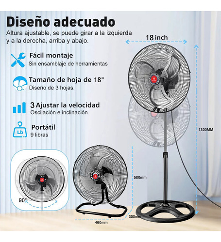 Marktomi Ventilador 18 Pulgadas Pedestal Piso Pared 3 En 1 Con Aspas Metal