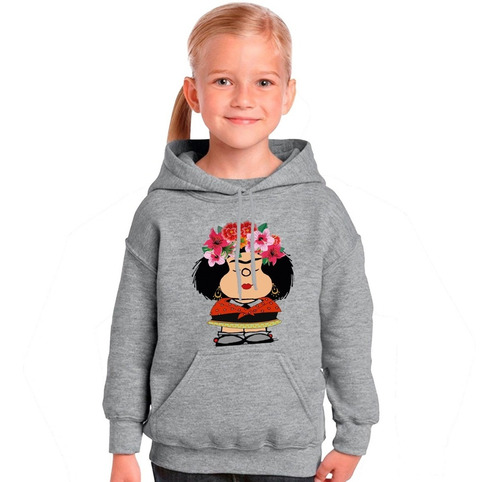 Imagen 4 de 6 de Buzo Gris Capucha Mafalda Frida Hombre Mujer Niños Hoodie