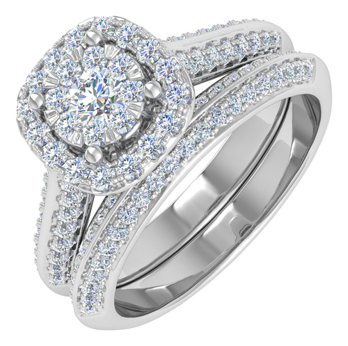 Finerock 3/4 Carat Halo Diamond Bridal Ring Set In 14k Whit.