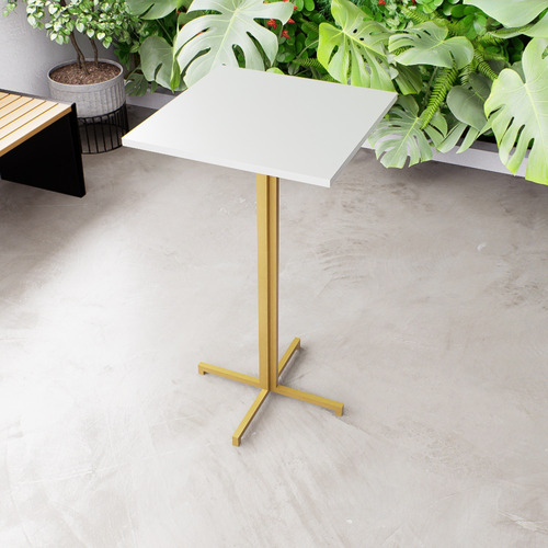 Mesa Alta Bistrô Quadrada Dourada Tampo Branco Industrial