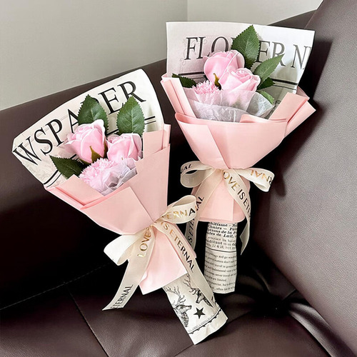 Ramo De Flores De Jabón, Regalo 3 Piezas De Flores Rosadas.