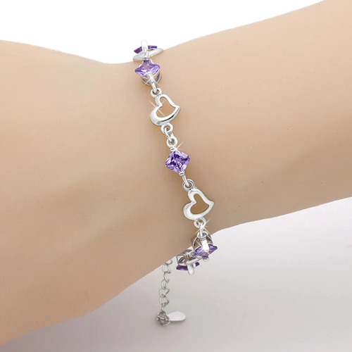 Pulsera Plata 925 Cristales Corazón Fino Regalo Joya Charm
