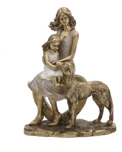 Escultura Familia Mae Com Filha E Pet Dourada E Branco