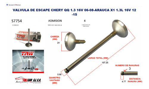 Valvula Escape Chery Qq 1 3 16v 06-08-arauca X1 1 3l 16v 12-