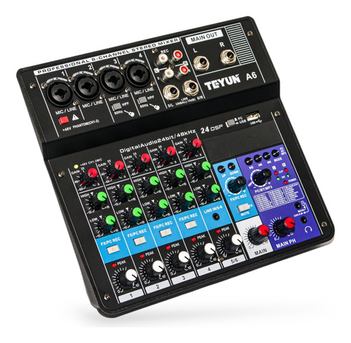 Consola Mixer Teyun 6 Canales A6 Bluetooth Phantom Power Usb