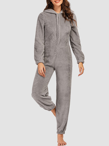 Imagem 5 de 9 de Pijama De Lã Feminino Fofo Macacão Com Capuz Com Zíper Front